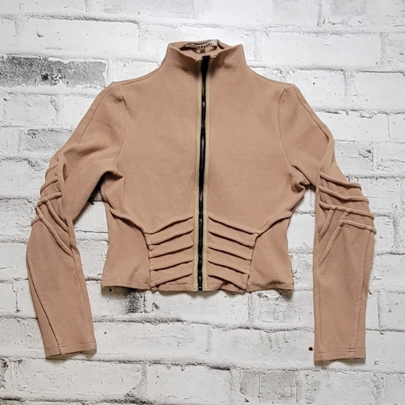 BBXBRAND Luxury Brown Ribbed Zip-Up Cropped Long Sleeve Top - Picture 6 of 12